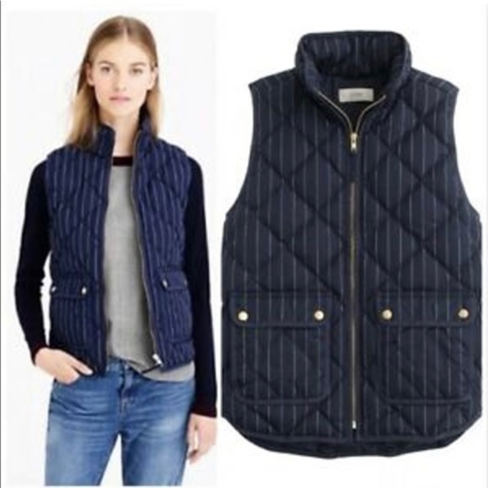 J.Crew Excursion Quilted Puffer Vest Pinstriped Down Filled Zip Front